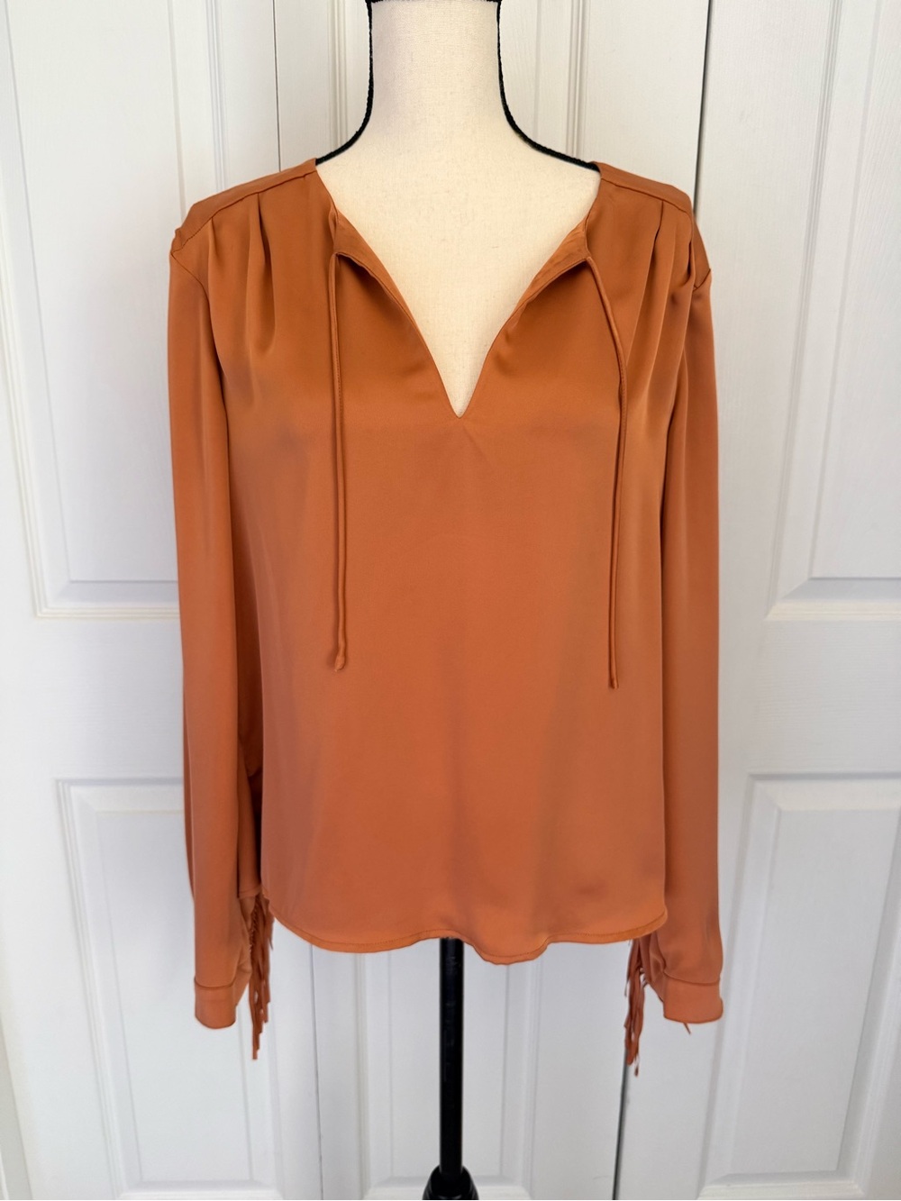 Brochu Walker Peyton Fringe Charmeuse long sleeve blouse Clay Orange Rust large